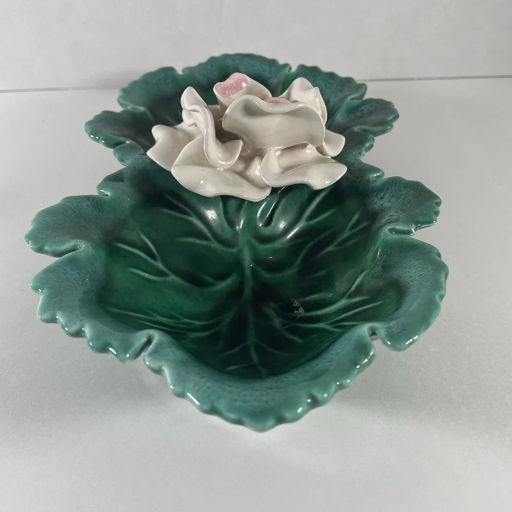 Vintage USA Pottery Leaf and Rose Divided Dish Mid Century‎ Trinket Bowl